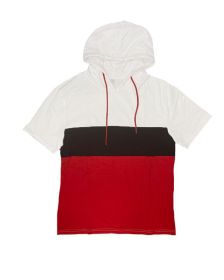 SOLID COLOR BLOCK SHORT SLEEVE HOODIE (Color: WHITE BLACK RED, size: M)