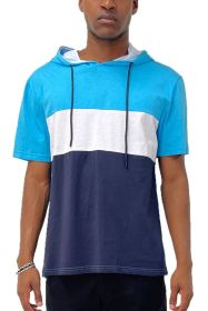 SOLID COLOR BLOCK SHORT SLEEVE HOODIE (Color: LIGHTBLUE WHITE NAVY, size: 2XL)