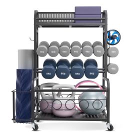 Yoga Mat Storage Rack, Home Gym Workout Equipment Organizer, Powder Coated Finish Steel Yoga Mat Holder with Hooks & Wheels, Weight Rack for Dumb (Size - Length: 31.3 inch)